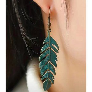"Miami Beach Palm Leaf" Bohemian Long Copper Green Leaf Earrings